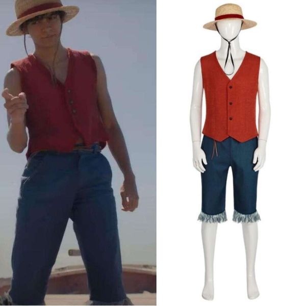 Cosplay novo filme anime macaco d luffy cosplay traje chapéu colete shorts uniforme halloween carnaval festa role play palco desempenho terno