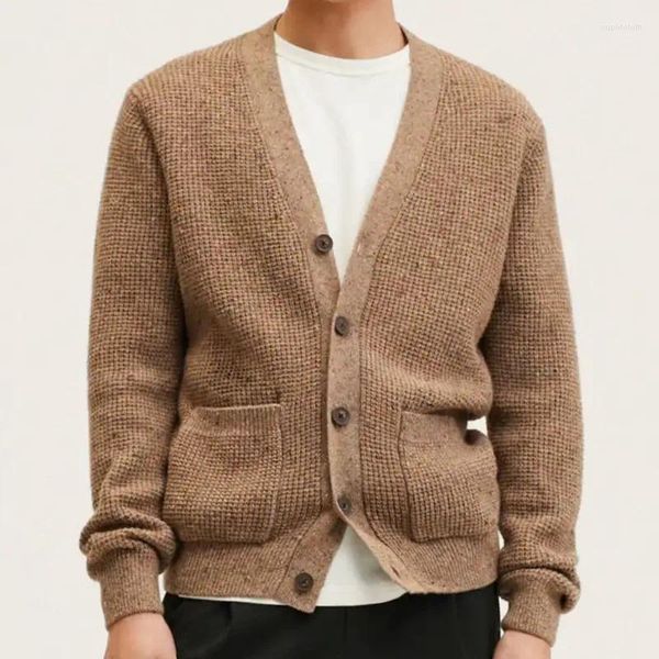 Suéter Masculino Outono E Inverno Europeu Americano Retro Cor Sólida Cáqui Suéter Lapela Manga Comprida Cardigan Jaqueta De Malha