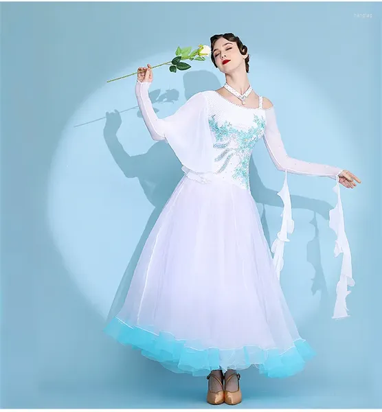 Сценическая одежда Белые стандартные платья для бальных танцев Леди Дизайн Продвинутое платье для танго Женская юбка для соревнований по вальсу