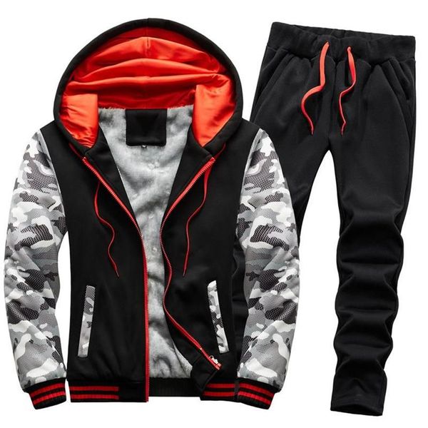 Tute da uomo Tuta da uomo Abbigliamento invernale 2 pezzi Set Felpe con cappuccio e pantaloni Uomo Foderato in pelliccia Abbigliamento da palestra caldo Tuta da jogging Sweats282f