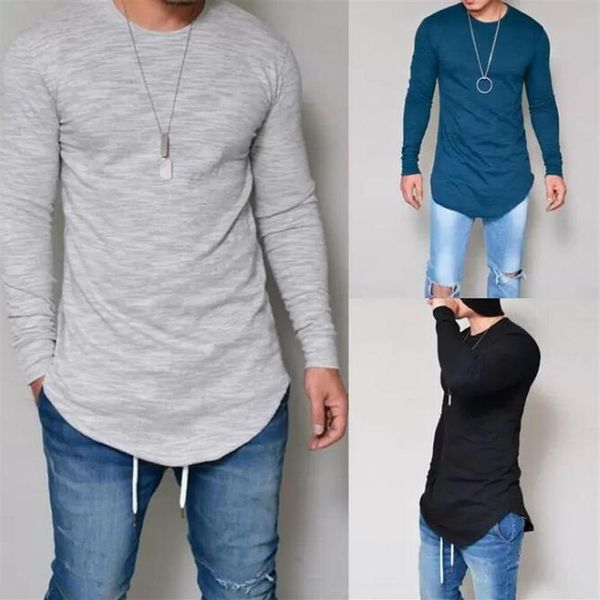 Мужская длинная футболка, однотонные футболки с длинными рукавами в стиле хип-хоп для весенне-осенней одежды, тонкая футболка Harajuku270O