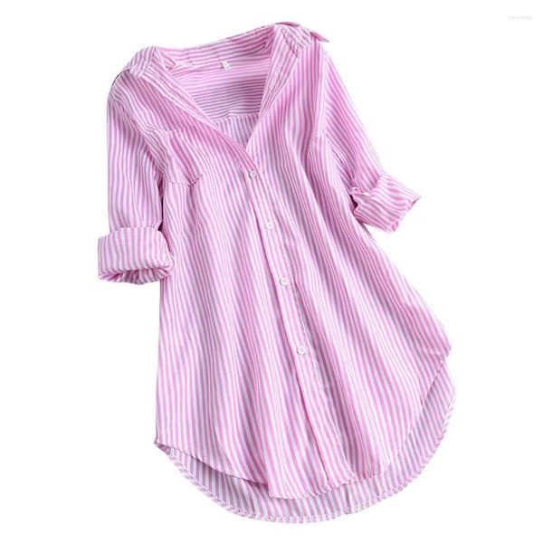 Camicette da donna Camicia ampia a righe da donna Abiti maniche lunghe Colletto rovesciato casual Taglie forti Camicie di lino in cotone 5xl Camicetta femminile