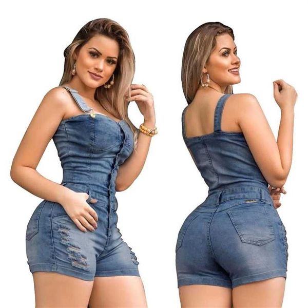 Tuta di jeans sottile senza maniche Tuta di jeans per donna 2020 Bottoni Plus Size Eleganza Jeans in cotone Donna Donna Pagliaccetto corto299z