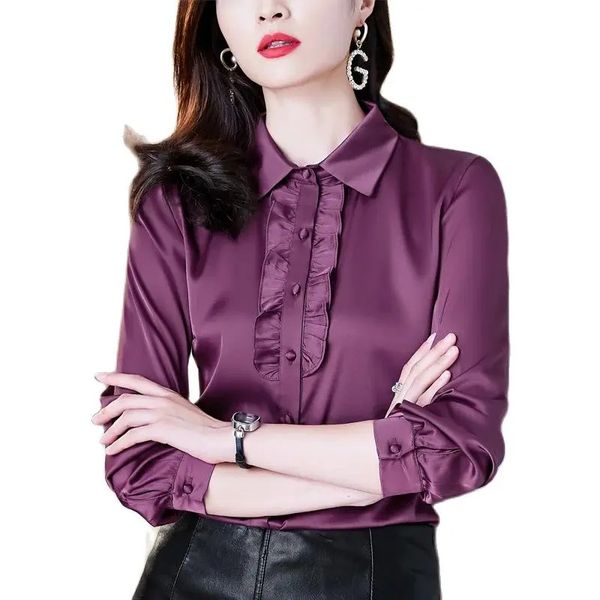 Blusa de cetim roxo para mulher designer camisas de manga longa escritório senhoras babado lapela botão formal camisa 2023 outono inverno versátil pista sólida blusas de seda topo