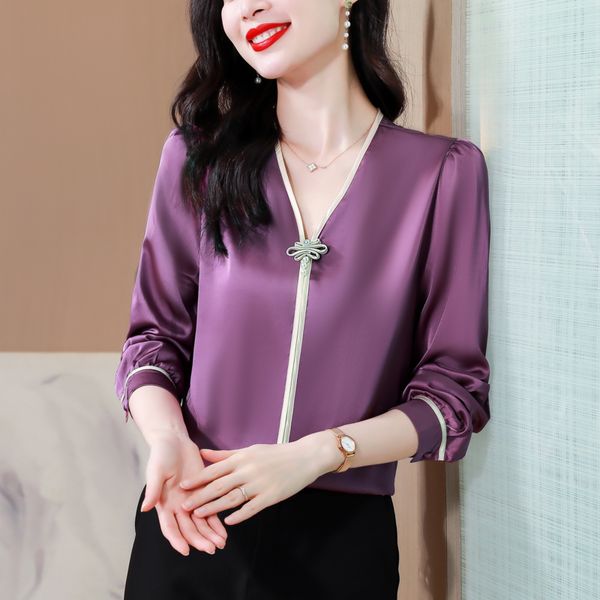 Camicette viola di seta vintage di lusso per donna Designer Cina stile top in raso Autunno Inverno scollo a V elegante camicetta da passerella 2023 ufficio da donna casual versatile top solido