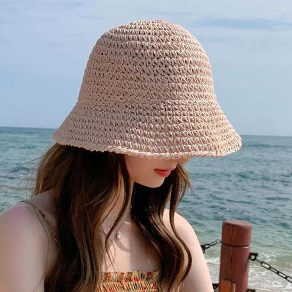 Chapéus de borda larga chapéu de palha elegante feminino dobrável design oco respirável para proteção de tela de verão de praia