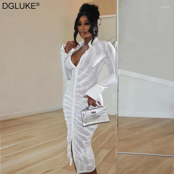 Vestidos casuais sexy vestido de malha transparente branco manga longa ruched maxi listrado bodycon camisa night club wear