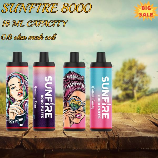 ÜCRETSİZ Nakliye Sunfire 8000 Puflar Kalem Stili Tek Kullanımlık Vape Kalem Başlangıç ​​Kiti 18ml Pre Doldurulmuş 600mAH Şarj Ayarlanabilir Hava Akışı Duman Vape Puff 0% 2% 5% 5% 5%