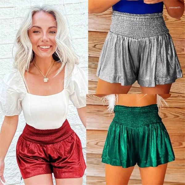 Damen-Shorts, gesmokt, hohe Taille, glitzernd, metallisch, fließend, Baggy-Tanz