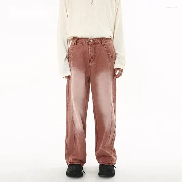 Jeans da uomo SYUHGFA Trend Vintage Streetwear Distressed Brick Red Sciolto Dritto Mid Vita alta 2023 Pantaloni larghi in denim