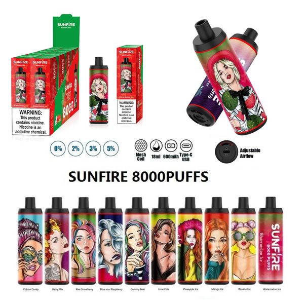 Novo modelo Sunfire 8000 Puffs barras de vape descartáveis Mod de fumantes verde 18 ml preenchido 600mAh Dispositivo de fluxo de ar ajustável 0% 2% 5% por Aierbota