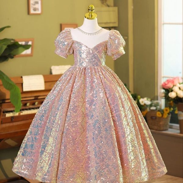 Vestidos de flor rosa brilhante crianças para casamentos pérolas pescoço garoto de princesa primeiro vestido sagrado vestido de bola de bola de bola de bola de bola para meninas vestidos de concurso 403