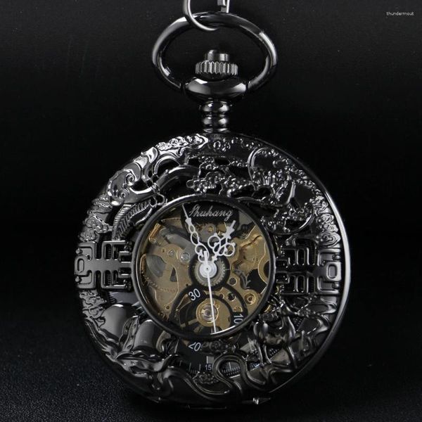 Orologi da tasca Orologio meccanico scheletrato nero vintage da uomo con catena Fob in acciaio, squisita scultura di animali, regalo da donna