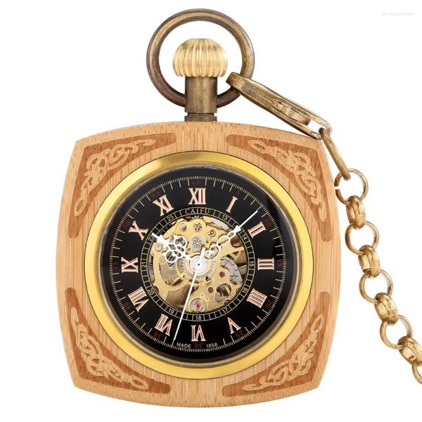 Orologi da tasca Orologio meccanico quadrato in bambù ecologico a tinta unita Elegante flip cover Quadrante classico con numeri romani Carica automatica