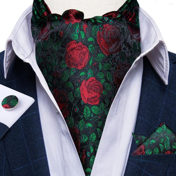 Laço amarra a seda verde de seda verde masculino Red Rose Padrão Luxo Pocket Square Cufflinks Moda Business Wedding British Cravat Party Party Tie for Man