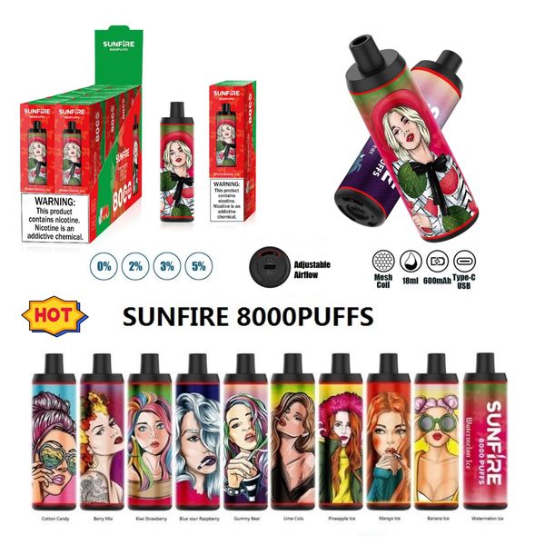 Sunfire 8000 Puffs DTL Disposável Pen estilo Vape Bars Mini E Cigarette Puff 8k 9k 10k 12k 15k Atomizador 18ml 600mAh Fluxo de ar recarregável ajustável com pacote de caixa de bolsa