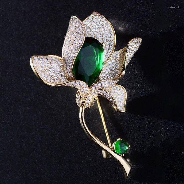 Broschen OKILY 2023 Ankunft Drei Farbe CZ Blume Pin Und Mode Blumen Corsage Für Frau Sommer Schmuck Zubehör