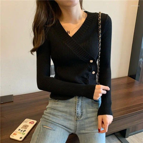 Suéter feminino preto ol coreano com decote em v primavera pulôver suéter de malha solto casaco casual pano menina camiseta tops roupas para mulheres senhora