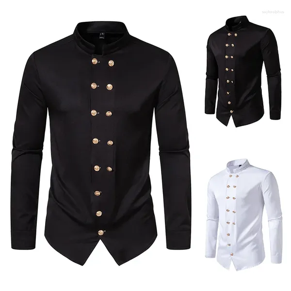 Мужские классические рубашки, блузка, весенне-осенний двубортный воротник-стойка с длинным рукавом, приталенный однотонный повседневный топ Генри