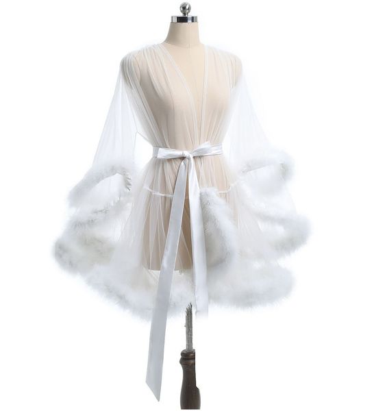 Sleepwear Short Feather Robe Vestido de Bridal Boudoir Sheer Robe Tulle Costume