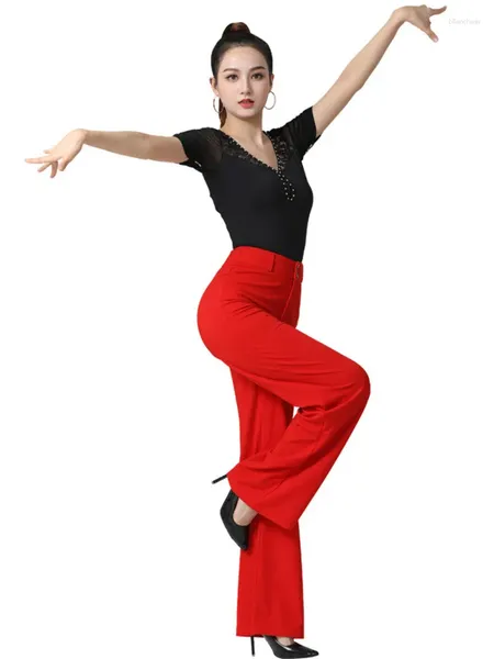 Palco desgaste cor sólida dança de salão calças padrão rua latina roupas mulheres cintura alta valsa 2023 linha clássica moderna calças
