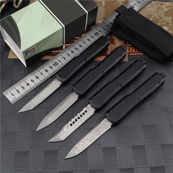 Micro ut85 facas automáticas de ação dupla, lâmina de damasco, cabo de alumínio anodizado preto, faca tática de acampamento edc, ferramentas de corte ut88