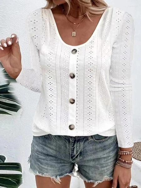 Camicette da donna Top a maniche lunghe da donna Taglie forti Girocollo con occhielli Camicia abbottonata Camicetta tunica casual comoda monopetto semplice