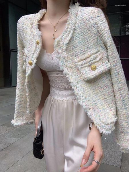 Damenjacken Koreanische Plaid Quaste Tweed Jacke Mantel Für Frauen Mode Herbst Elegante Oansatz Büro Dame Einreiher Woll Oberbekleidung