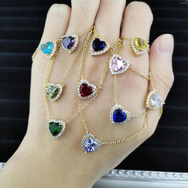 Collane con ciondolo Cuore di cristallo scintillante per le donne Romantico multicolor Birthstone Zircone Catena da sposa Girocollo sul collo Gioielli di tendenza