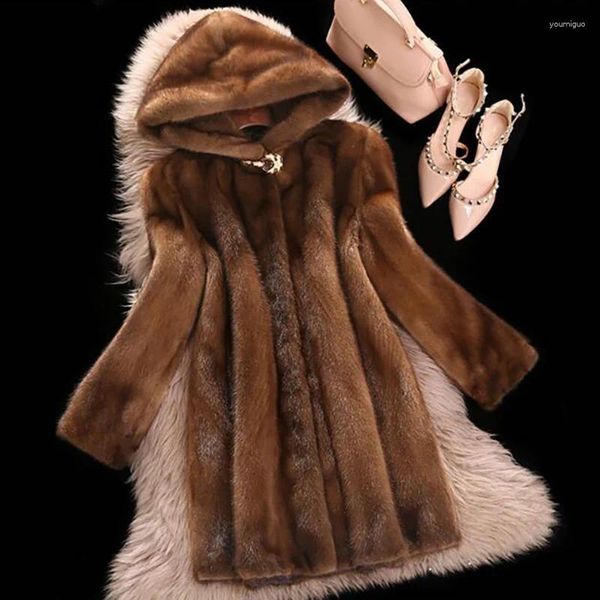 Женское меховое пальто средней длины с капюшоном для женщин, теплая зимняя кожа с имитацией норки, размер S-6XL