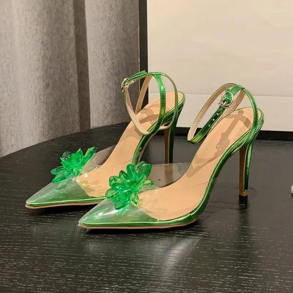 Sandalen Kristall Blume Transparent PVC Frauen Stiletto Schnalle Sommer Grün High Heels Elegante Kleid Party Schuhe Für Große 41