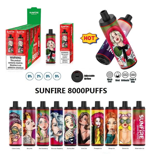 Orijinal Sunfire 8000 Pufs Tek Kullanımlık Vape Çubukları Elektronik Sigara En İyi 7000 8000 9000 Pufla 18ml ile önceden doldurulmuş 0% 2% 5% 600mAh Hava Akışı Ayarlanabilir Fiyat Düşük