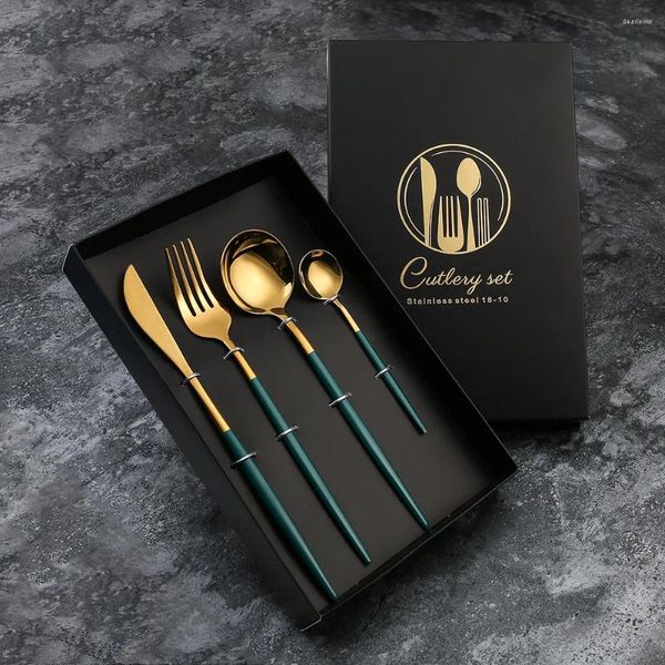 Set di stoviglie Set da 4 pezzi Acciaio inossidabile Superficie a specchio brillante Bacchette in oro titanio Cucchiaio e forchetta Accessori da cucina