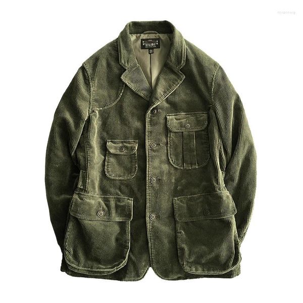Ternos masculinos veludo terno multi-bolsos solto thcik oliver listra verde safari jaqueta primavera outono ocidental motociclista roupas vintage