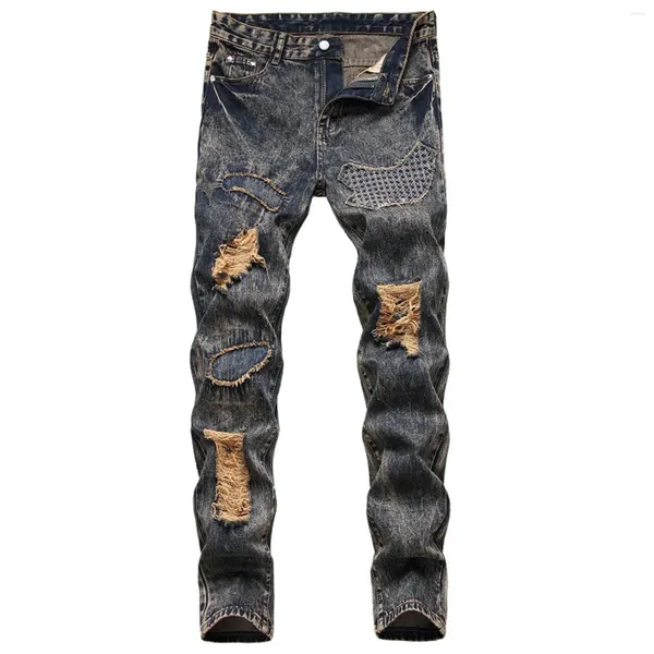 Erkekler için erkek kot pantolon 2023 stil nostaljik yama deliği denim pantolon kişiliği yüksek sokak vintage kırık pantolon