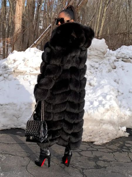 Pele feminina de pele falsa x-long casaco de pele real com capuz para mulheres luxo com capuz preto jaqueta natural inverno mangas completas plus size 231013