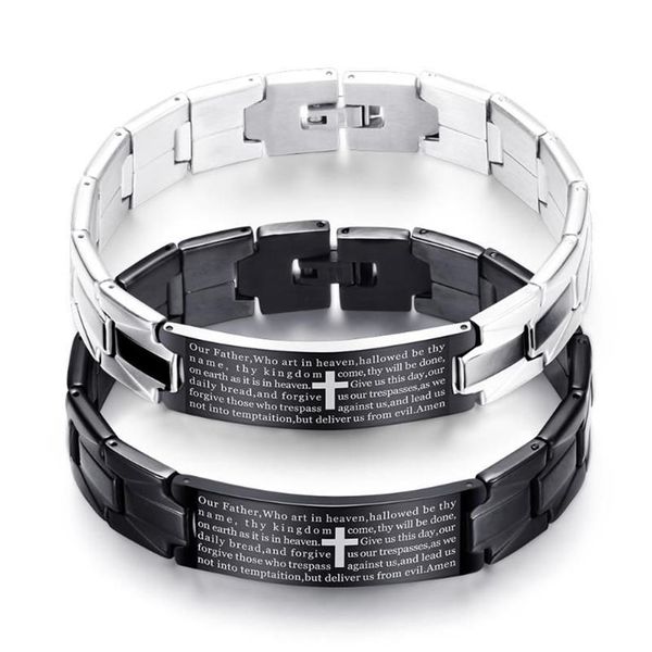 Bracciale Croce Sacra Bibbia Bracciale da uomo Cinturino per orologio in acciaio inossidabile nero Placcatura argentata Regalo di gioielli per le donne301S