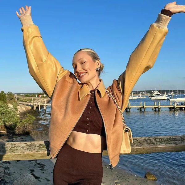 Женские куртки Lygens с отложным воротником на молнии с длинным рукавом Y2K 2023 Куртки из искусственной кожи оптом Зимняя повседневная одежда