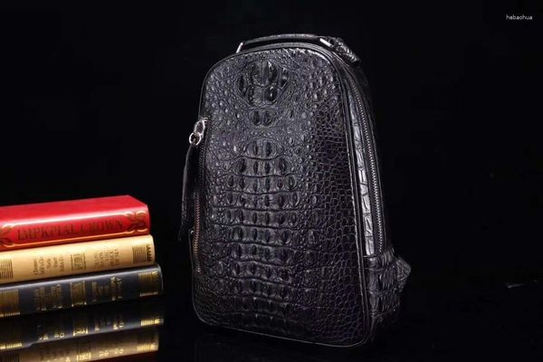 Rucksack aus echtem Krokodil-Kopf-Haut-Alligator-Leder, Freizeit-Herrentasche, schwarze Farbe, Tagesrucksack