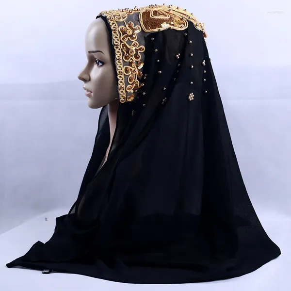 Ethnische Kleidung, Perlenstickerei, Pailletten, Blumenmuster, muslimische Kopftücher, Chiffon, langer Schal für Frauen, schöne Hochzeit, Hijabs, Kopftuch, arabische Turban-Wraps