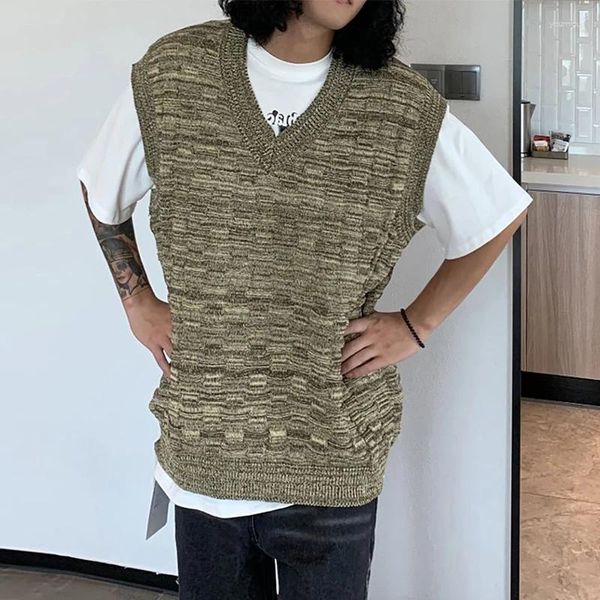 Erkek yelekler erkek örgü tank üstleri moda v boyun kolu tığ işi örme kabuklalı vintage sokak kıyafetleri erkekler giyim eğlence eğlence jacquard yelek