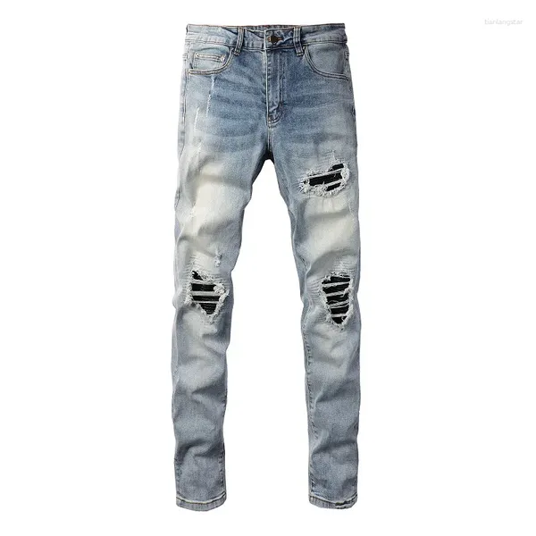 Jeans masculinos homens remendos de couro denim streetwear buracos rasgados calças de alta estiramento luz azul magro calças cônicas