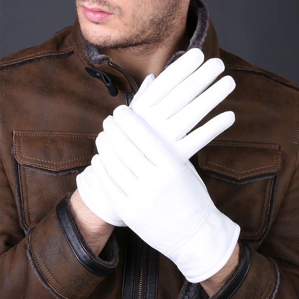 Перчатки с пятью пальцами, модные белые перчатки из натуральной кожи для женщин и мужчин, однотонные наручные пуговицы, женские перчатки из овчины для вождения 231013
