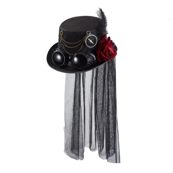 Cappelli a tesa larga Cappelli a secchiello Cappello per capelli gotico Lolita Cappello a cilindro Steampunk con velo di pizzo floreale Cappello a cilindro cosplay con piume per la festa di carnevale di Halloween 231013