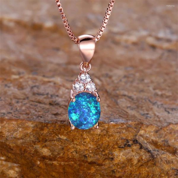 Anhänger Halsketten Blau Weiß Lila Opal Oval Stein Halskette Luxus Kristall Wasser Tropfen Für Frauen Rose Gold Farbe Kette Schmuck