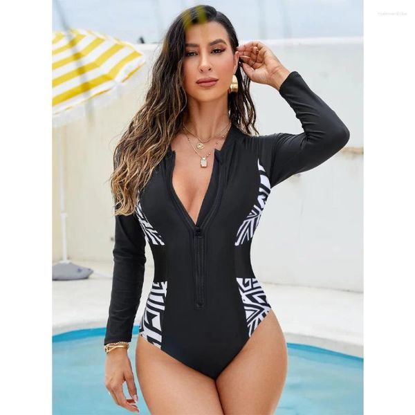 Costume da bagno intero da donna patchwork costume da bagno intero da donna 2023 manica lunga femminile brasiliano con cerniera anteriore costume da bagno da spiaggia abbigliamento da surf