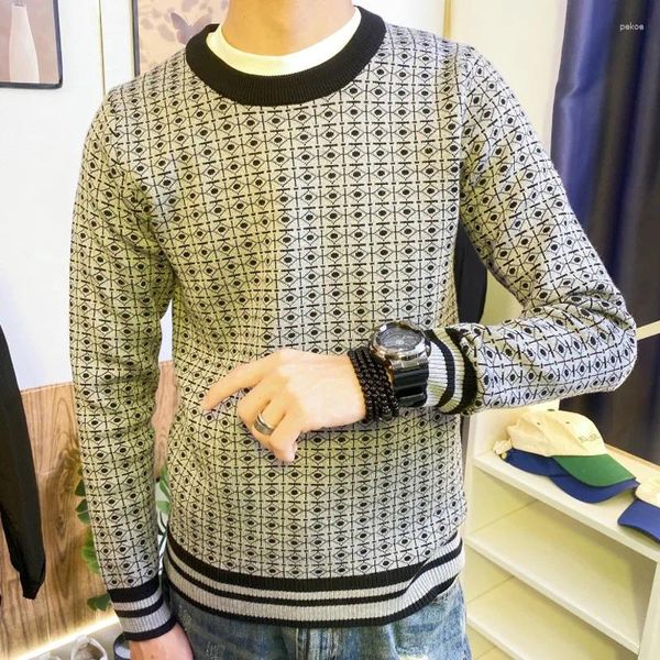 Suéter masculino suéter para homens de malha gola redonda coreana impressão geométrica contrastante em todo o pulôver masculino pull homme
