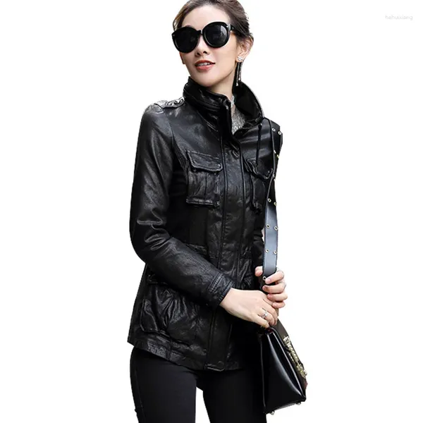 Frauen Leder Jacke Mode Hohe Qualität Schaffell Mid-länge Koreanische Motorrad Jacken SpringCoat Female2023