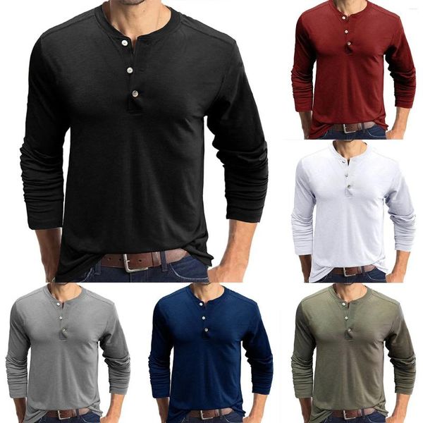 Herren-T-Shirts, Vintage-T-Shirt mit langen Ärmeln, einfarbig, Baumwolle, Henley-Hemd, schlankmachende Fitness-T-Shirts, übergroße Kleidung, Oberteile