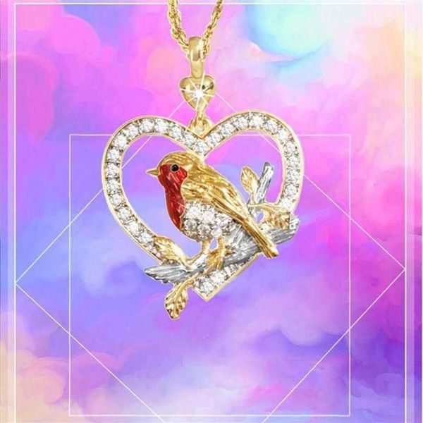 Berbeny Güzel Hayvan Kuş Serçesi Kalp Şekleli Kolye Kolyeler Alaşım Kristal Altın Renk Klavikula Kolye Kadınlar için Kız1241p